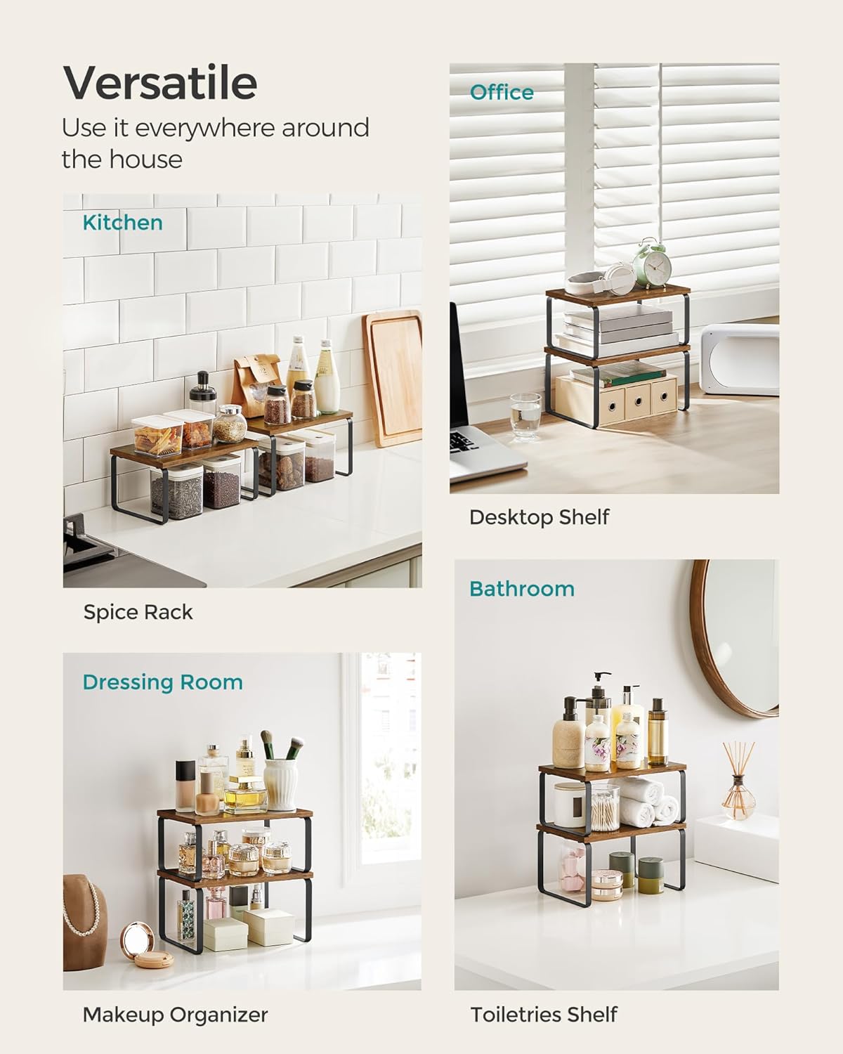Cabinet Organizer Shelf, Set of 4 Kitchen Counter Shelves, Kitchen Storage, Spice Rack, Stackable, Expandable, Metal and Engineered Wood, Cloud White and Natural Beige UKCS010N01