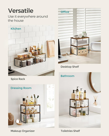 Cabinet Organizer Shelf, Set of 4 Kitchen Counter Shelves, Kitchen Storage, Spice Rack, Stackable, Expandable, Metal and Engineered Wood, Cloud White and Natural Beige UKCS010N01