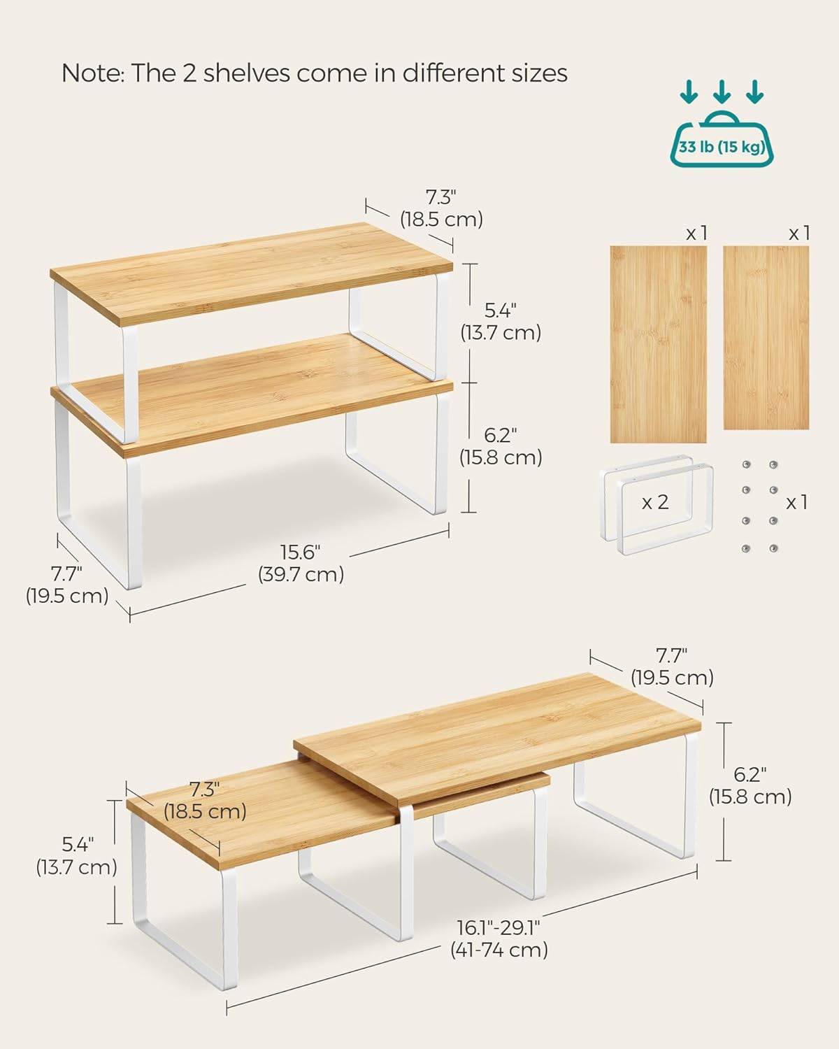 Cabinet Organizer Shelf, Set of 4 Kitchen Counter Shelves, Kitchen Storage, Spice Rack, Stackable, Expandable, Metal and Engineered Wood, Cloud White and Natural Beige UKCS010N01