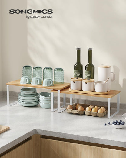 Cabinet Organizer Shelf, Set of 4 Kitchen Counter Shelves, Kitchen Storage, Spice Rack, Stackable, Expandable, Metal and Engineered Wood, Cloud White and Natural Beige UKCS010N01