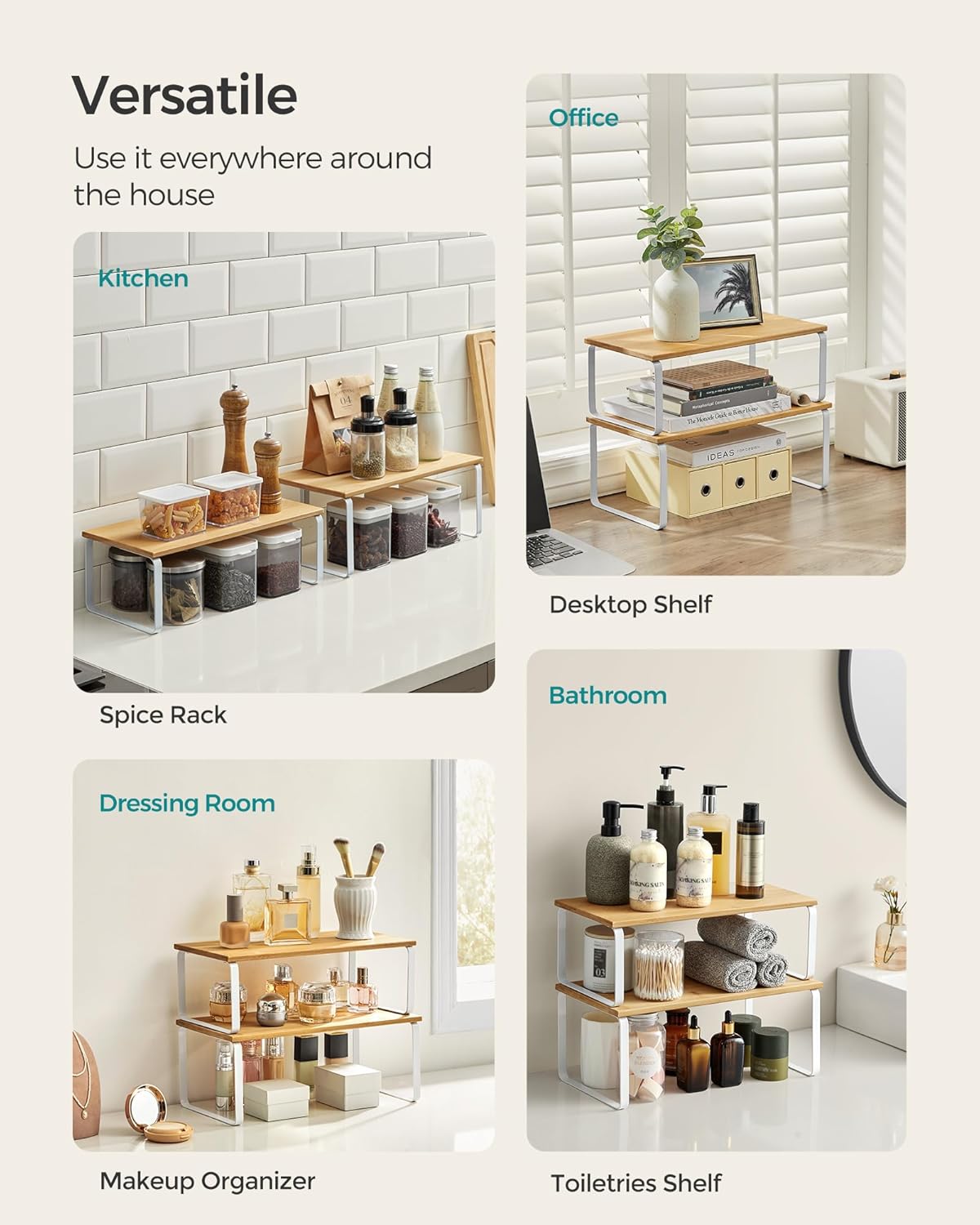 Cabinet Organizer Shelf, Set of 4 Kitchen Counter Shelves, Kitchen Storage, Spice Rack, Stackable, Expandable, Metal and Engineered Wood, Cloud White and Natural Beige UKCS010N01