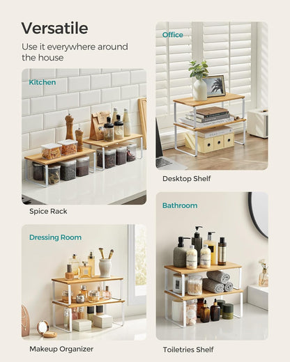 Cabinet Organizer Shelf, Set of 4 Kitchen Counter Shelves, Kitchen Storage, Spice Rack, Stackable, Expandable, Metal and Engineered Wood, Cloud White and Natural Beige UKCS010N01
