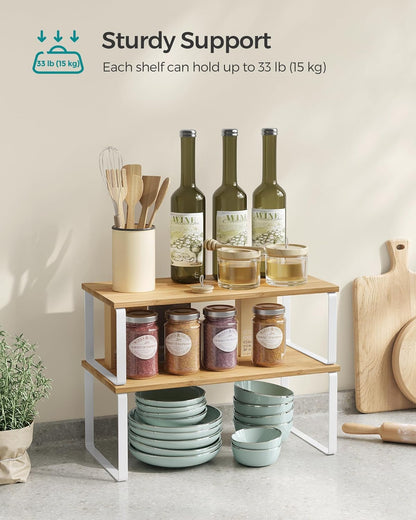 Cabinet Organizer Shelf, Set of 4 Kitchen Counter Shelves, Kitchen Storage, Spice Rack, Stackable, Expandable, Metal and Engineered Wood, Cloud White and Natural Beige UKCS010N01