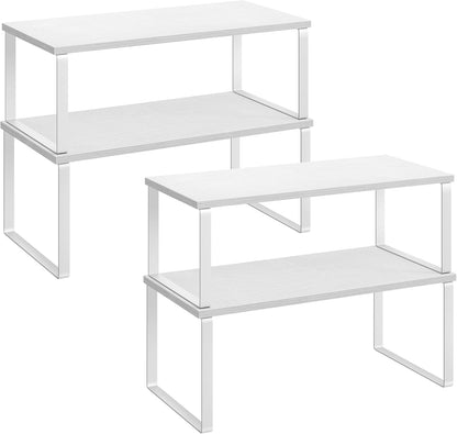Cabinet Organizer Shelf, Set of 4 Kitchen Counter Shelves, Kitchen Storage, Spice Rack, Stackable, Expandable, Metal and Engineered Wood, Cloud White and Natural Beige UKCS010N01