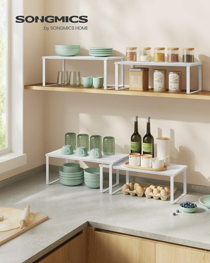 Cabinet Organizer Shelf, Set of 4 Kitchen Counter Shelves, Kitchen Storage, Spice Rack, Stackable, Expandable, Metal and Engineered Wood, Cloud White and Natural Beige UKCS010N01