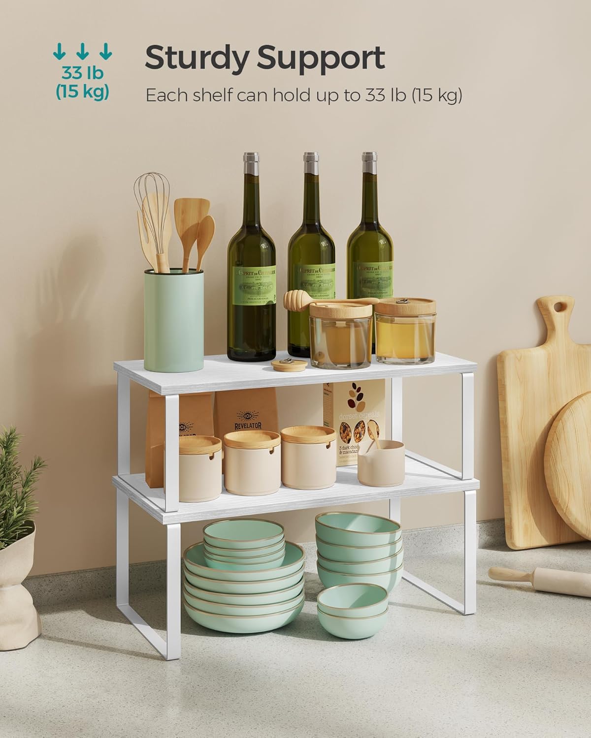 Cabinet Organizer Shelf, Set of 4 Kitchen Counter Shelves, Kitchen Storage, Spice Rack, Stackable, Expandable, Metal and Engineered Wood, Cloud White and Natural Beige UKCS010N01