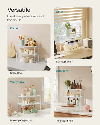 Cabinet Organizer Shelf, Set of 4 Kitchen Counter Shelves, Kitchen Storage, Spice Rack, Stackable, Expandable, Metal and Engineered Wood, Cloud White and Natural Beige UKCS010N01