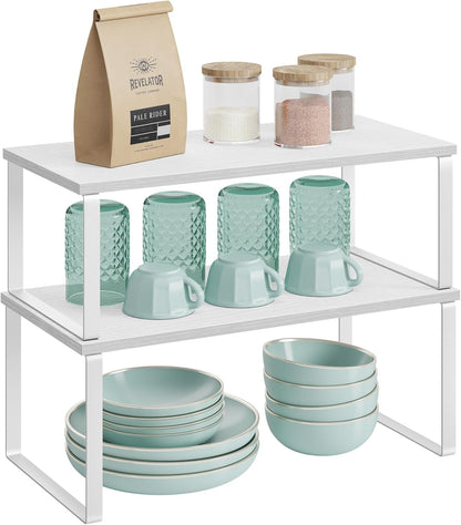 Cabinet Organizer Shelf, Set of 4 Kitchen Counter Shelves, Kitchen Storage, Spice Rack, Stackable, Expandable, Metal and Engineered Wood, Cloud White and Natural Beige UKCS010N01