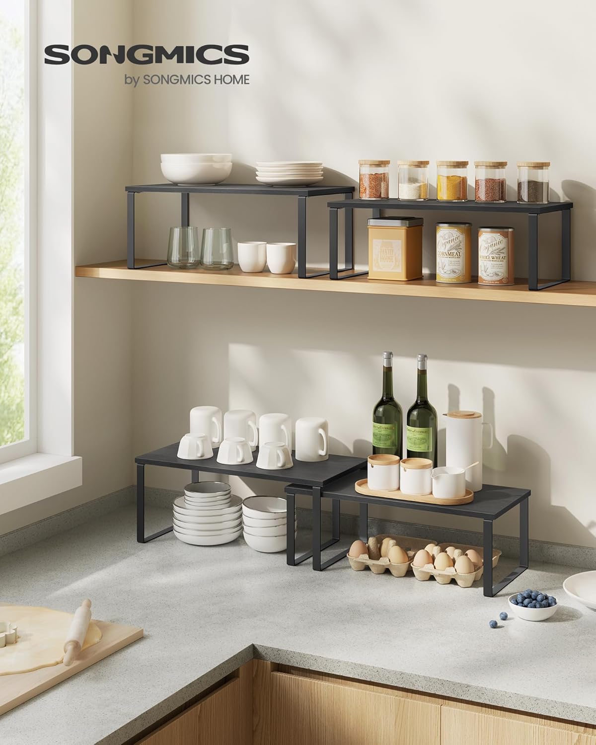 Cabinet Organizer Shelf, Set of 4 Kitchen Counter Shelves, Kitchen Storage, Spice Rack, Stackable, Expandable, Metal and Engineered Wood, Cloud White and Natural Beige UKCS010N01