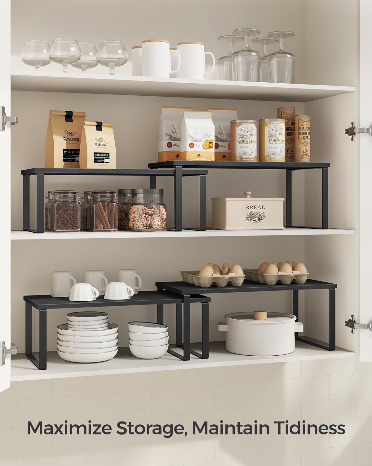 Cabinet Organizer Shelf, Set of 4 Kitchen Counter Shelves, Kitchen Storage, Spice Rack, Stackable, Expandable, Metal and Engineered Wood, Cloud White and Natural Beige UKCS010N01
