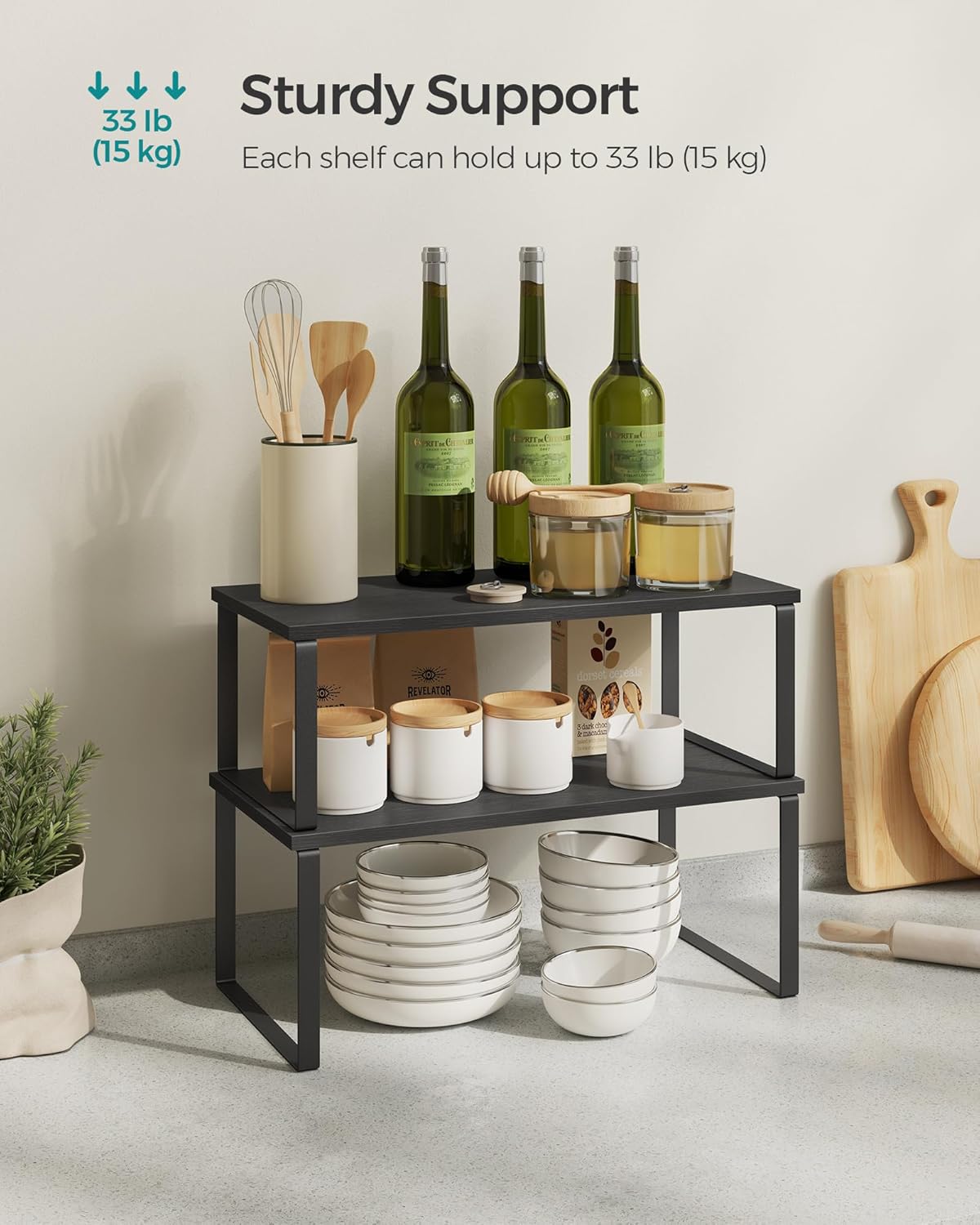 Cabinet Organizer Shelf, Set of 4 Kitchen Counter Shelves, Kitchen Storage, Spice Rack, Stackable, Expandable, Metal and Engineered Wood, Cloud White and Natural Beige UKCS010N01
