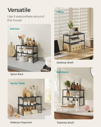 Cabinet Organizer Shelf, Set of 4 Kitchen Counter Shelves, Kitchen Storage, Spice Rack, Stackable, Expandable, Metal and Engineered Wood, Cloud White and Natural Beige UKCS010N01