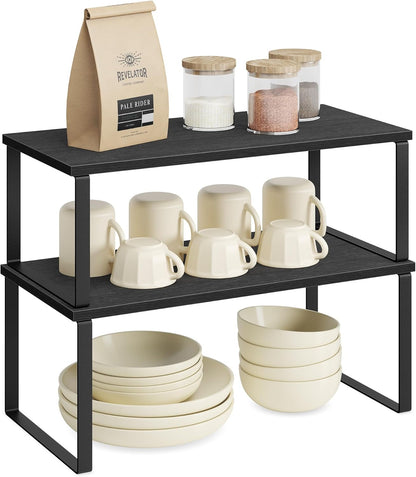 Cabinet Organizer Shelf, Set of 4 Kitchen Counter Shelves, Kitchen Storage, Spice Rack, Stackable, Expandable, Metal and Engineered Wood, Cloud White and Natural Beige UKCS010N01
