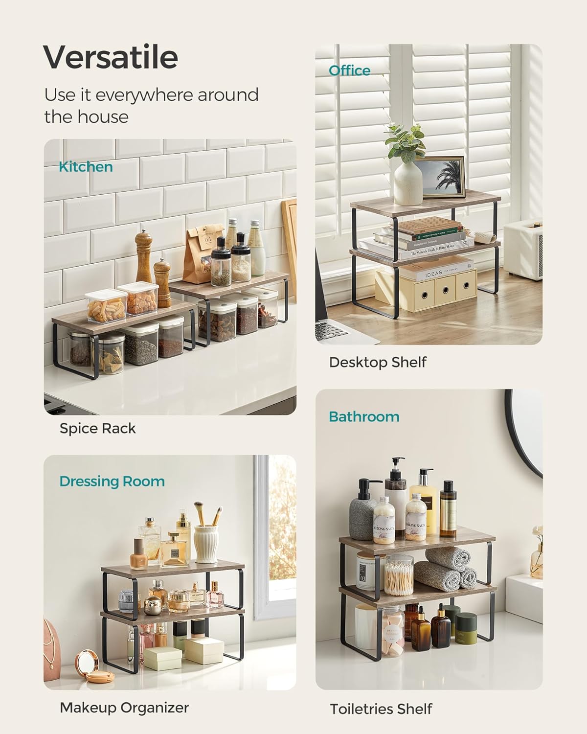 Cabinet Organizer Shelf, Set of 4 Kitchen Counter Shelves, Kitchen Storage, Spice Rack, Stackable, Expandable, Metal and Engineered Wood, Cloud White and Natural Beige UKCS010N01