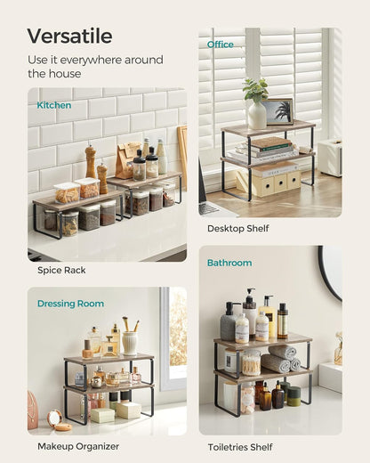 Cabinet Organizer Shelf, Set of 4 Kitchen Counter Shelves, Kitchen Storage, Spice Rack, Stackable, Expandable, Metal and Engineered Wood, Cloud White and Natural Beige UKCS010N01