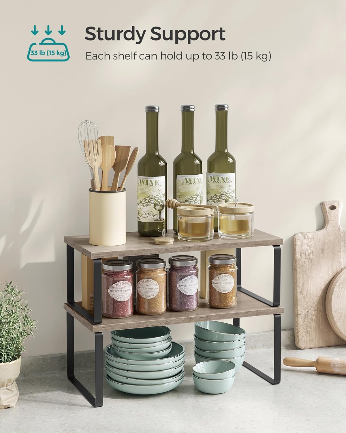 Cabinet Organizer Shelf, Set of 4 Kitchen Counter Shelves, Kitchen Storage, Spice Rack, Stackable, Expandable, Metal and Engineered Wood, Cloud White and Natural Beige UKCS010N01