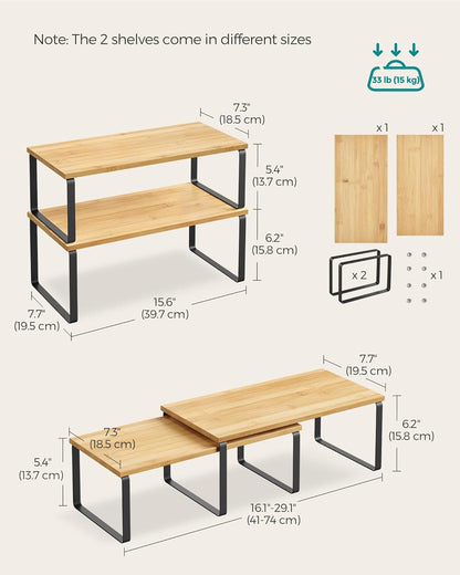 Cabinet Organizer Shelf, Set of 4 Kitchen Counter Shelves, Kitchen Storage, Spice Rack, Stackable, Expandable, Metal and Engineered Wood, Cloud White and Natural Beige UKCS010N01