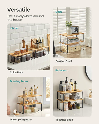 Cabinet Organizer Shelf, Set of 4 Kitchen Counter Shelves, Kitchen Storage, Spice Rack, Stackable, Expandable, Metal and Engineered Wood, Cloud White and Natural Beige UKCS010N01