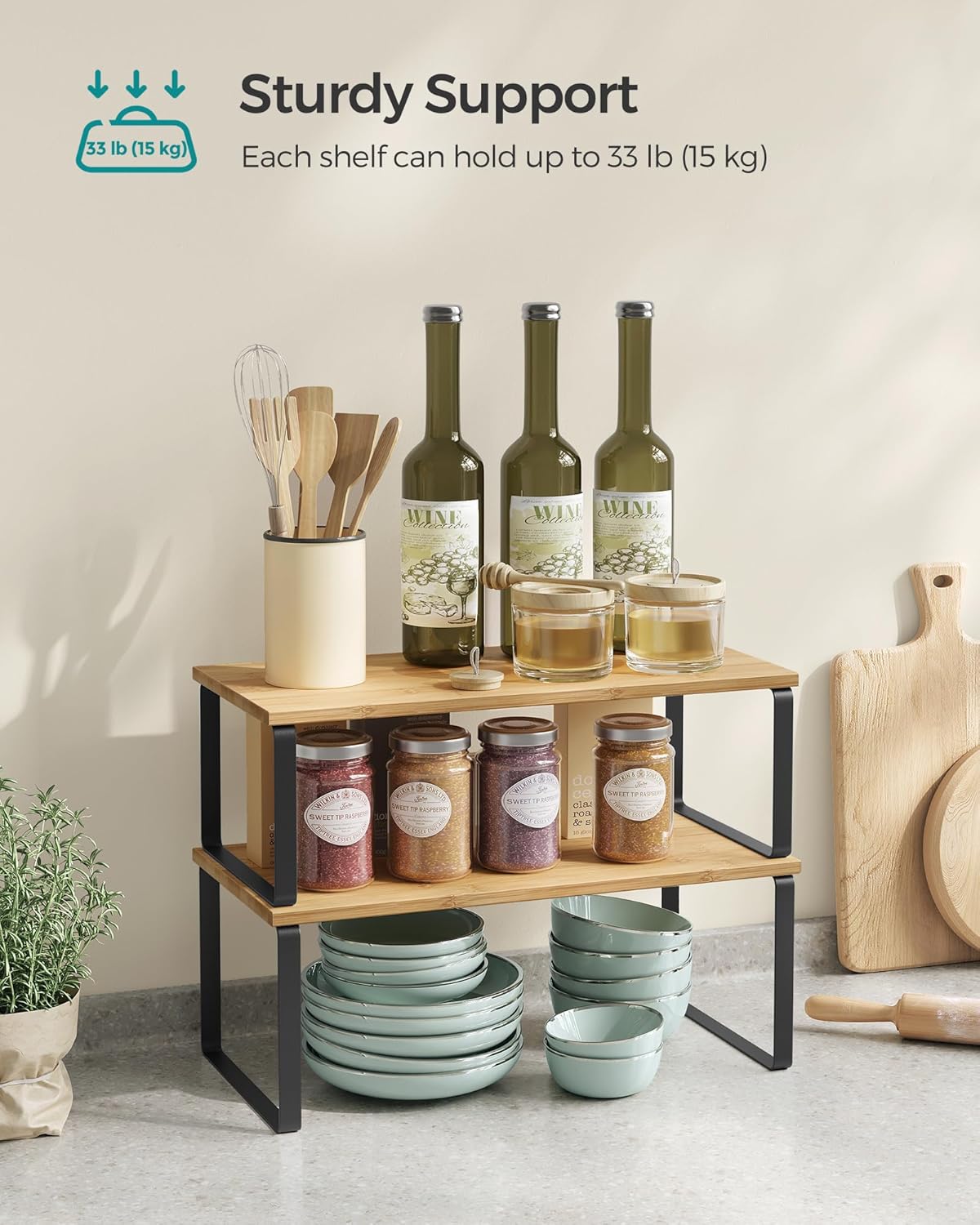 Cabinet Organizer Shelf, Set of 4 Kitchen Counter Shelves, Kitchen Storage, Spice Rack, Stackable, Expandable, Metal and Engineered Wood, Cloud White and Natural Beige UKCS010N01