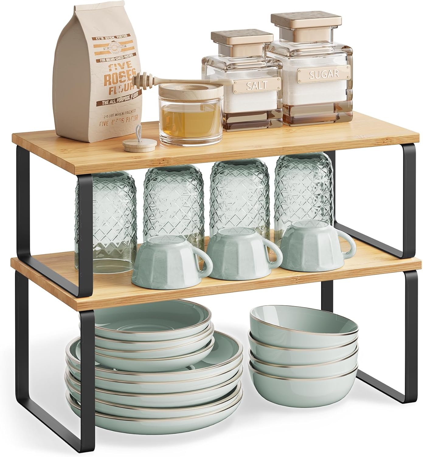 Cabinet Organizer Shelf, Set of 4 Kitchen Counter Shelves, Kitchen Storage, Spice Rack, Stackable, Expandable, Metal and Engineered Wood, Cloud White and Natural Beige UKCS010N01