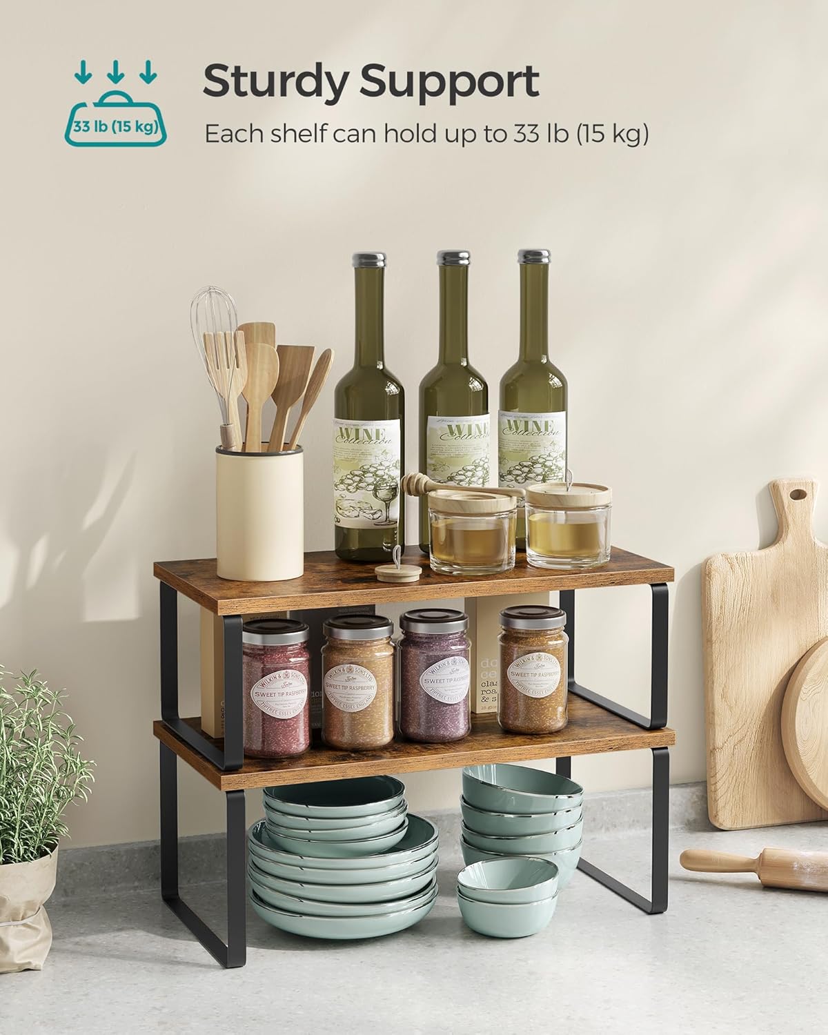 Cabinet Organizer Shelf, Set of 4 Kitchen Counter Shelves, Kitchen Storage, Spice Rack, Stackable, Expandable, Metal and Engineered Wood, Cloud White and Natural Beige UKCS010N01
