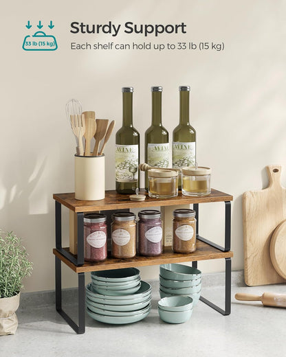 Cabinet Organizer Shelf, Set of 4 Kitchen Counter Shelves, Kitchen Storage, Spice Rack, Stackable, Expandable, Metal and Engineered Wood, Cloud White and Natural Beige UKCS010N01