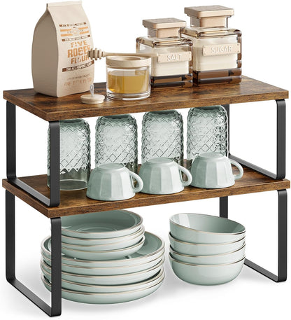 Cabinet Organizer Shelf, Set of 4 Kitchen Counter Shelves, Kitchen Storage, Spice Rack, Stackable, Expandable, Metal and Engineered Wood, Cloud White and Natural Beige UKCS010N01