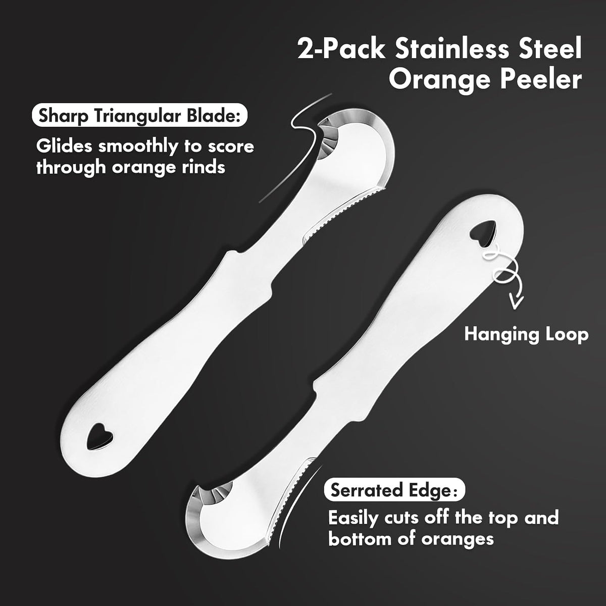 Set of 2 Stainless Steel Orange Peeler – Triangular & Serrated Blade to Easily Peel Citrus, Pomegranates, Dragon Fruit, Grapefruit