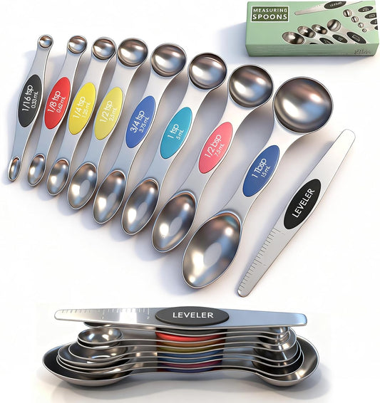 Stainless Steel Magnetic Measuring Spoons Set of 9 with Leveler,Dual Sided, Stackable, Adjustable Teaspoon and Tablespoon, Measuring Liquids and Dry Ingredients, Baking& Cooking Gadgest,Multicolor