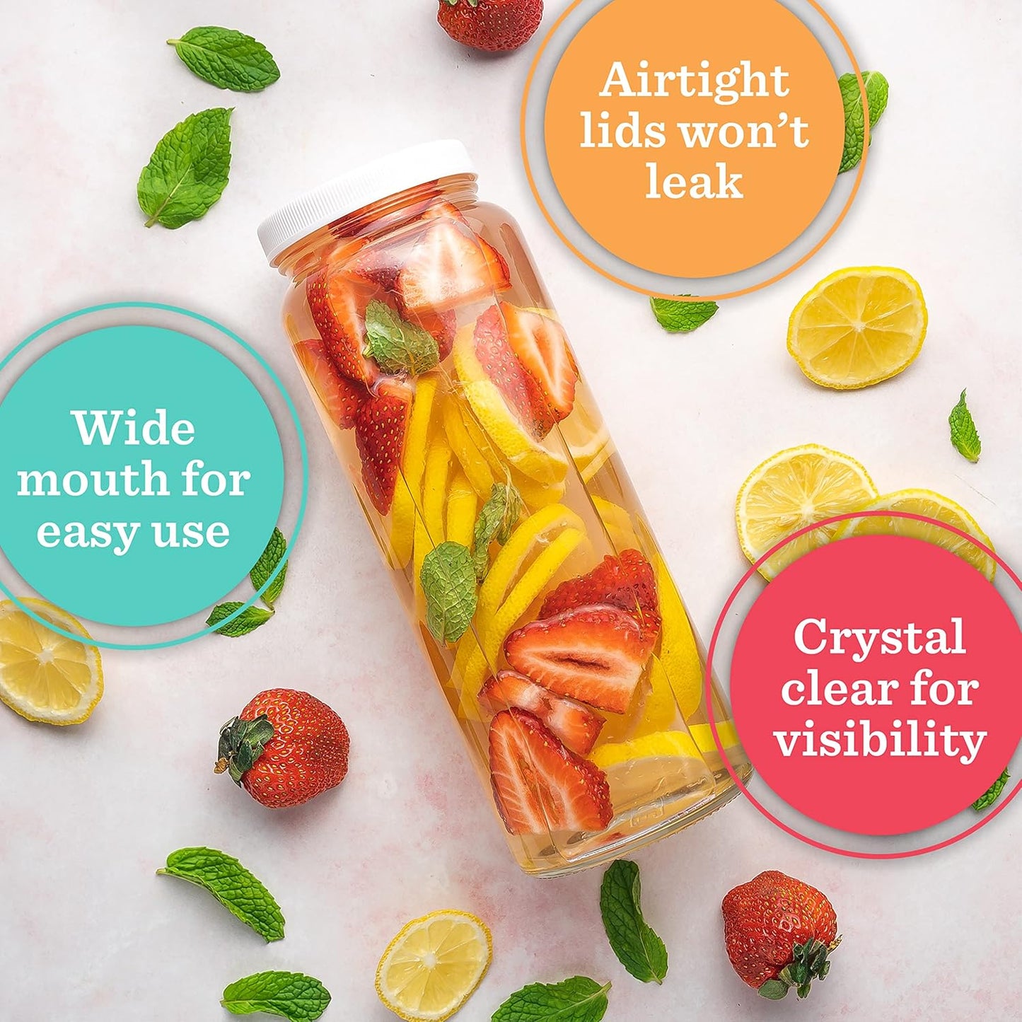 Glass Bottles Set - 32 oz Jars, 4 Pack Wide Mouth with Lids for Juice, Smoothies, Water, Milks, Beverage Storage - Large Jug, Clear, Durable, Reusable, Dishwasher Safe, Leak Proof