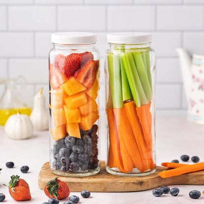 Glass Bottles Set - 32 oz Jars, 4 Pack Wide Mouth with Lids for Juice, Smoothies, Water, Milks, Beverage Storage - Large Jug, Clear, Durable, Reusable, Dishwasher Safe, Leak Proof