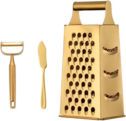 4 Sides Box Grater For Kitchen,Stainless Steel Cheese Grater With Handle,Multi-Function Vegetable Slicer Food Shredder For Chees,Ginger,Vegetables,Dishwasher Safe, Gold