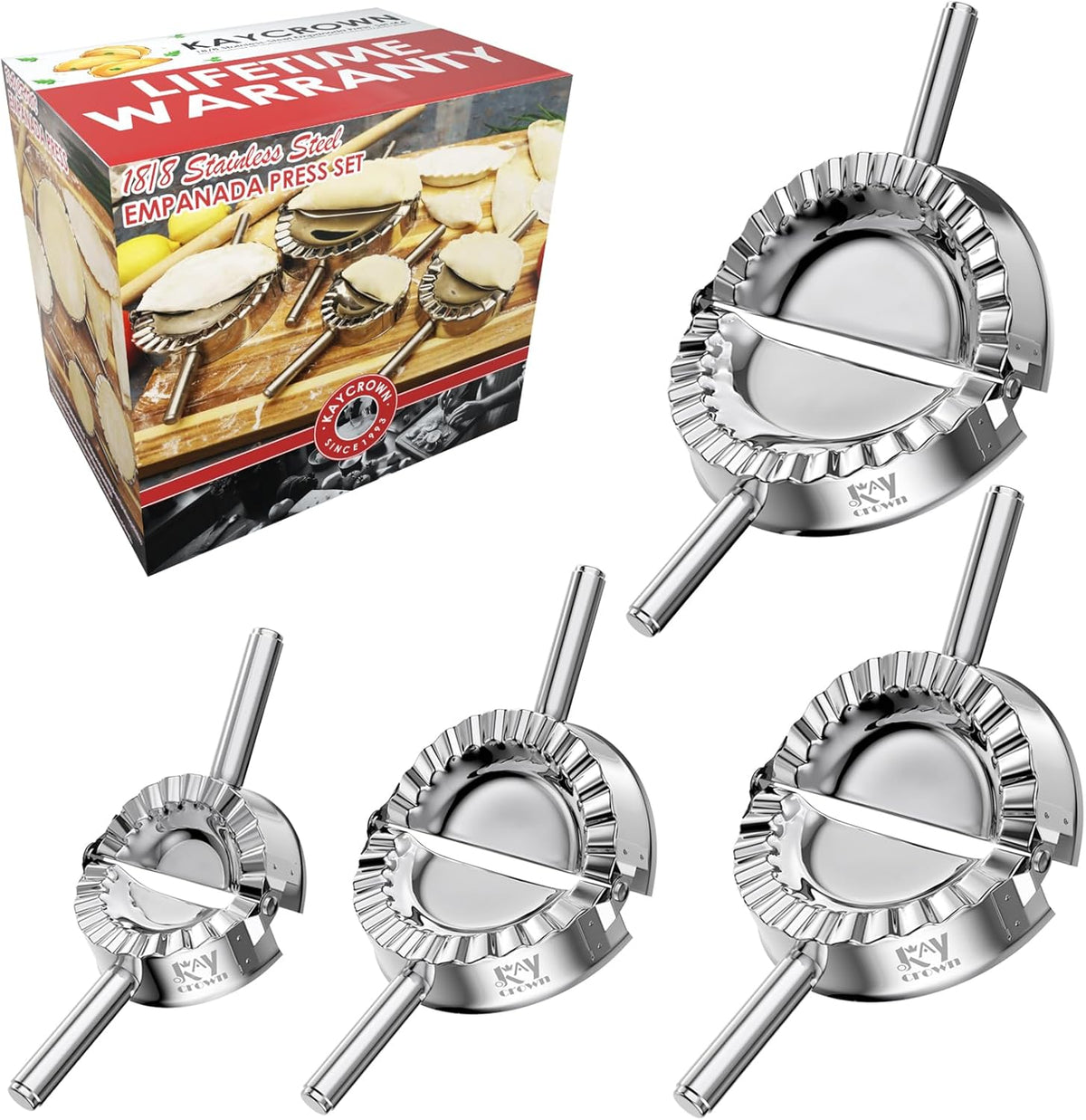Empanada Maker Press, Stainless Steel Dumpling Maker Set, 2-in-1 Dough Cutter Dumpling Mold Set for Ravioli, Pierogi, Turnovers, Calzone, Dumpling, 4 Sizes (XL/6"+L/4.75"+M/4"+S/3.25")
