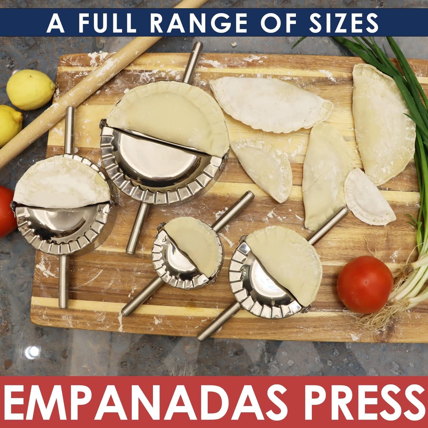 Empanada Maker Press, Stainless Steel Dumpling Maker Set, 2-in-1 Dough Cutter Dumpling Mold Set for Ravioli, Pierogi, Turnovers, Calzone, Dumpling, 4 Sizes (XL/6"+L/4.75"+M/4"+S/3.25")