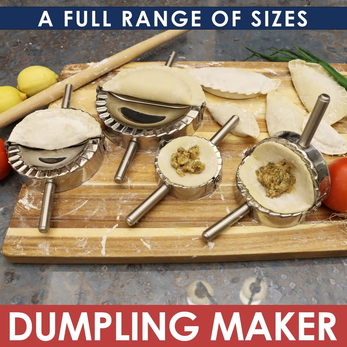 Empanada Maker Press, Stainless Steel Dumpling Maker Set, 2-in-1 Dough Cutter Dumpling Mold Set for Ravioli, Pierogi, Turnovers, Calzone, Dumpling, 4 Sizes (XL/6"+L/4.75"+M/4"+S/3.25")