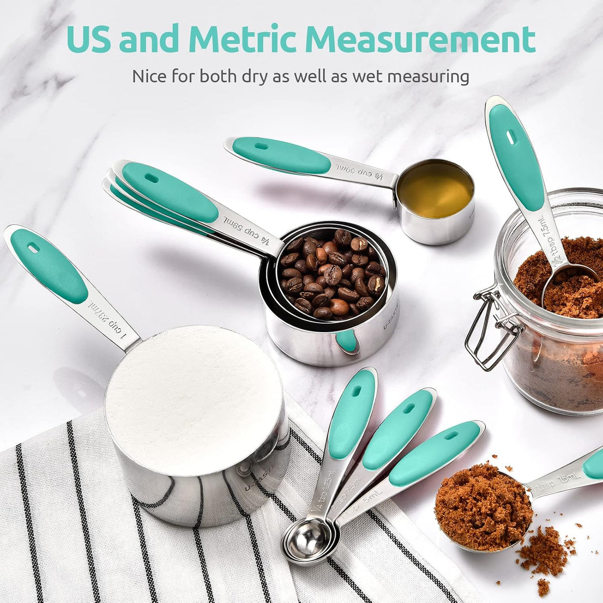 Measuring Cups Spoons Set, 18/8 Stainless Steel, 12Pcs, Multicolor