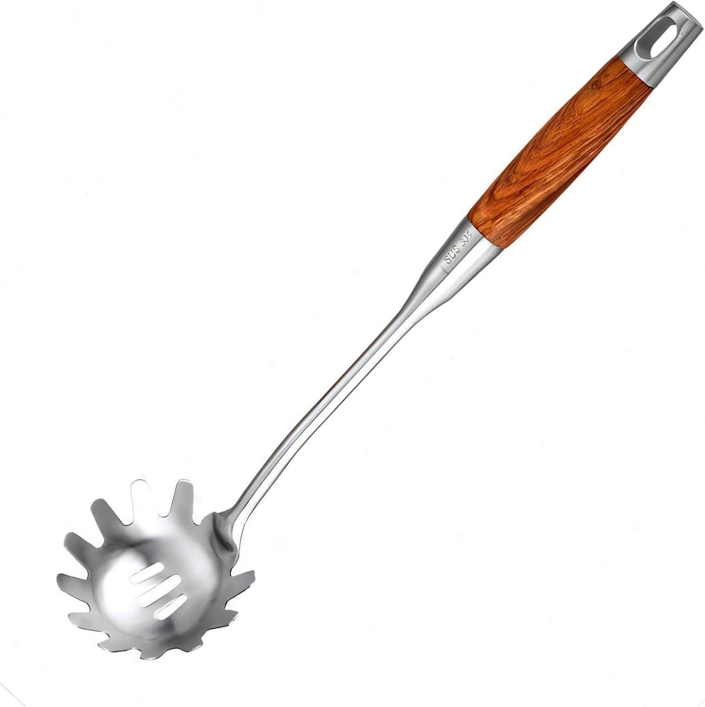 Spaghetti Spoon Stainless Steel, Metal Pasta Spoon with Teeth, Wooden Handle Pasta Fork Noodle Scoop for Cooking - 14” Spaghetti Claw Server Utensil