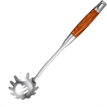 Spaghetti Spoon Stainless Steel, Metal Pasta Spoon with Teeth, Wooden Handle Pasta Fork Noodle Scoop for Cooking - 14” Spaghetti Claw Server Utensil