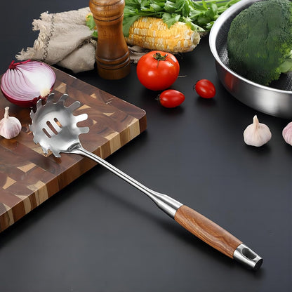 Spaghetti Spoon Stainless Steel, Metal Pasta Spoon with Teeth, Wooden Handle Pasta Fork Noodle Scoop for Cooking - 14” Spaghetti Claw Server Utensil