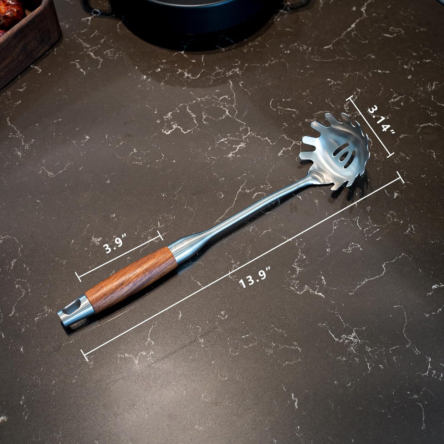 Spaghetti Spoon Stainless Steel, Metal Pasta Spoon with Teeth, Wooden Handle Pasta Fork Noodle Scoop for Cooking - 14” Spaghetti Claw Server Utensil
