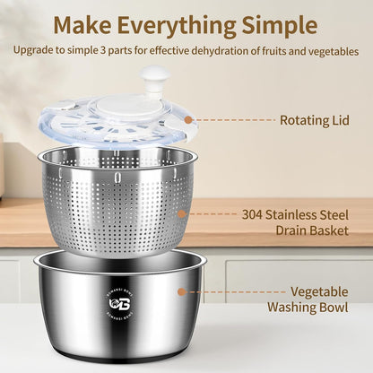 5.3 Qt Stainless Steel Salad Spinner, Large Salad Spinners Vegetable Spinner, Lettuce Spinner, Fruit Washer, Dishwasher Safe, 304 Stainless Steel Bowl & Basket, Beige