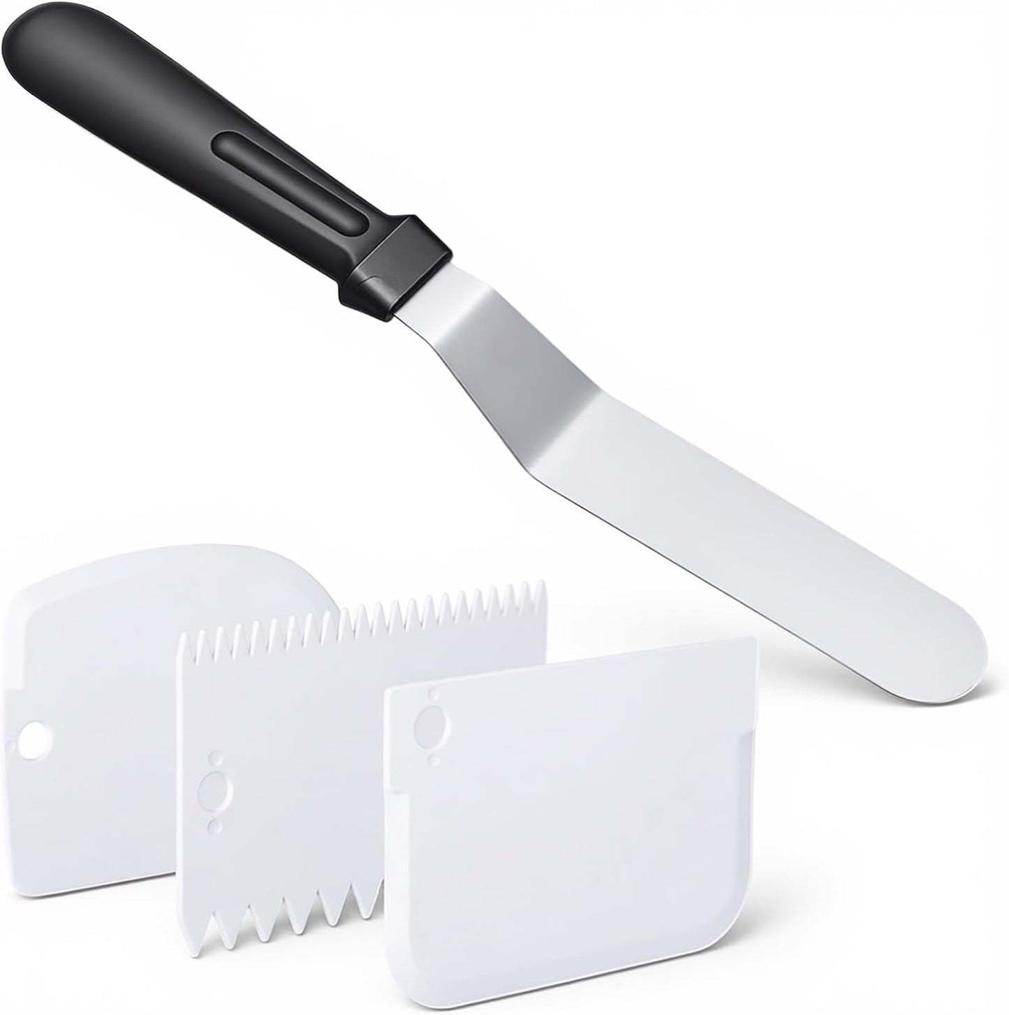 1 Offset Spatula and 3 Icing Smoother Scrapers Set, Frosting Knife Cake Decorating Kit Thickened Stainless Steel Baking Accessories