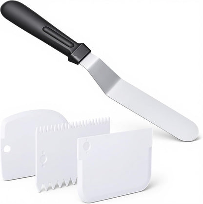 1 Offset Spatula and 3 Icing Smoother Scrapers Set, Frosting Knife Cake Decorating Kit Thickened Stainless Steel Baking Accessories