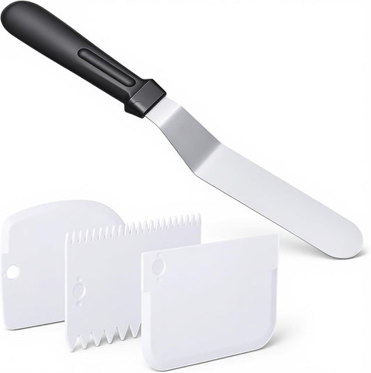 1 Offset Spatula and 3 Icing Smoother Scrapers Set, Frosting Knife Cake Decorating Kit Thickened Stainless Steel Baking Accessories