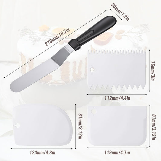 1 Offset Spatula and 3 Icing Smoother Scrapers Set, Frosting Knife Cake Decorating Kit Thickened Stainless Steel Baking Accessories