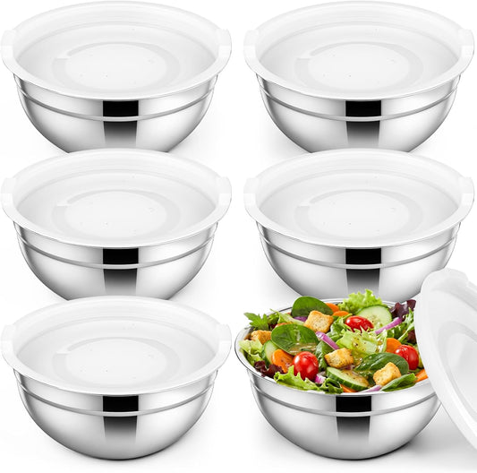 6 Pack Stainless Steel Mixing Bowls with Airtight Lids 3qt Metal Mixing Bowl Thicker Stainless Steel Salad Bowls for Food Prep, Baking, Storage, Cooking, Serving Dishwasher Safe (White Lid)