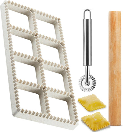 Ravioli Maker Press, Ravioli Cutter & Mold Set, 4-Piece, 8-Cavity | Food-safe PP mold, wood rolling pin, cleaning brush, makes 8 square 1.85-inch ravioli at once for pasta and dumplings