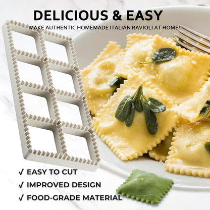 Ravioli Maker Press, Ravioli Cutter & Mold Set, 4-Piece, 8-Cavity | Food-safe PP mold, wood rolling pin, cleaning brush, makes 8 square 1.85-inch ravioli at once for pasta and dumplings