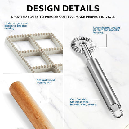 Ravioli Maker Press, Ravioli Cutter & Mold Set, 4-Piece, 8-Cavity | Food-safe PP mold, wood rolling pin, cleaning brush, makes 8 square 1.85-inch ravioli at once for pasta and dumplings