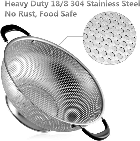 18/8 Stainless Steel Colander, Easy Grip Micro-Perforated 5-Quart Colander, Strainer with Riveted and Heat Resistant Handles, BPA Free. Great for Pasta, Noodles, Vegetables and Fruits